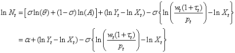 Equation 8: This equation is a simplified version of equation 7. Recognising that Hicks-neutral technological change is constant in the long-run, equation 7 can be re-written so that the log of labour is equal to a constant, plus the log of output minus the log of labour augmenting technical change, less the elasticity of substitution between capital and labour multiplied by the log of the producer real wage less the log of labour augmenting technical change. This equation is the paper’s definition on the long-run demand for labour.