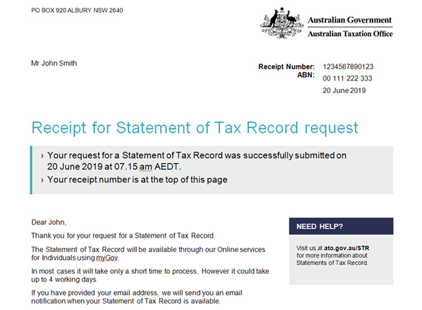 Example of a letter from the ATO showing Receipt for Statement of Tax Record Request