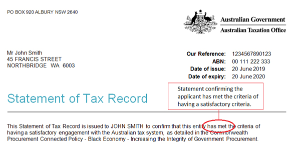 Example of a Statement of Tax Record from the ATO showing the entity has met the criteria