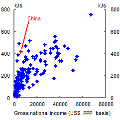 This chart plots per capita daily meat intake against gross national income per capita for 158 countries for 2007. It shows a broad positive relationship between per capita meat consumption and rising per capita incomes. China’s per capita meat consumption of around 400 kJ per day is comparatively high for its’ current per capita income level compared to the global average at the same per capita income level. 