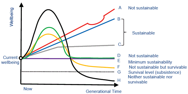 Chart 2. The relationship between possible economic paths, sustainability and intergenerational equity